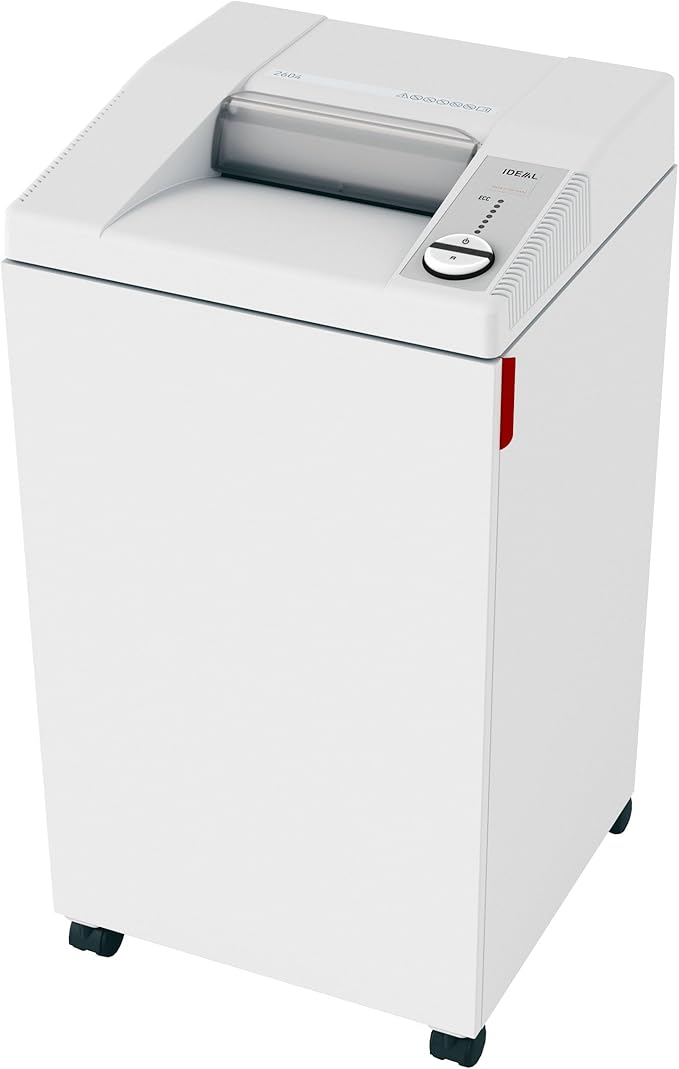 Ideal. 2604 Strip-Cut Centralized Office Paper Shredder, Continuous Operation , 27–30 Sheet Feed Capacity, 26 Gallon Bin, Shred Staples/Paper Clips/Credit Cards/CDs/DVDs, 1 HP Motor, P-2 Security