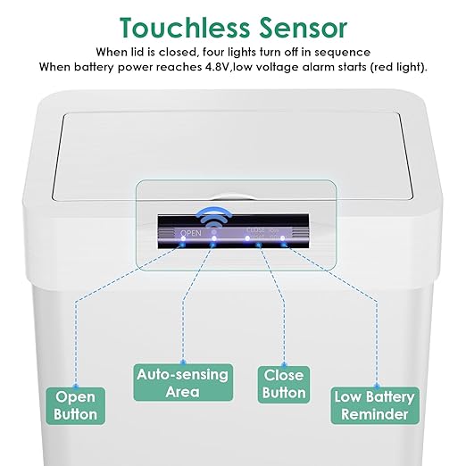 Arlopu Automatic Trash Can,Sensor Motion Stainless Steel Garbage Bin, Touchless Smart Waste Bin, W/Stay-Open, Soft Close Lid, Display Light for Kithchen, Living Room, Office (White, 18.5gal)