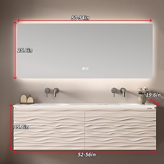 56IN Bathroom Vanity - Smart Defogging Mirror Cabinet | Waterproofing Technology & Wave Shaped Door Panel, Floating Bathroom Vanities with Large Storage Space (Mirror)