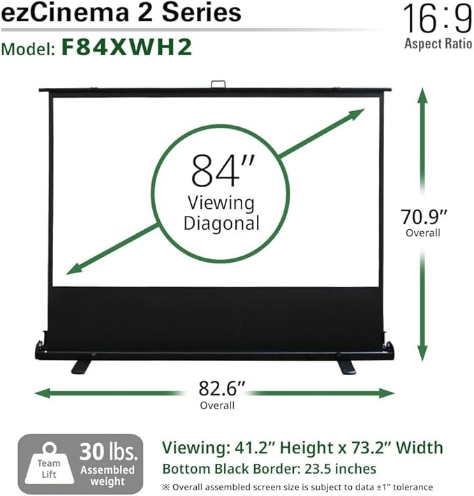 Elite Screens ezCinema 2 Projector Screen, 84-inch 16:9, Manual Floor Pull Up Scissor Backed Portable Home Office Classroom Front Projection + Carrying Bag | US Based Company 2-Year Warranty, F84XWH2