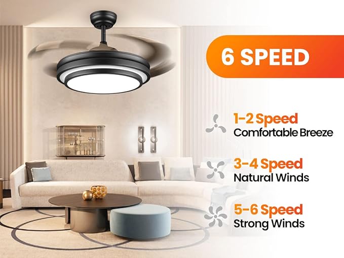 48 Inch Retractable Ceiling Fan with Lights and Remote,Black Fandelier Ceiling Fan with APP Control 6 Speed Dimmable LED Ceiling Fans Silent Reversible Motor for Bedroom Kitchen Living Room