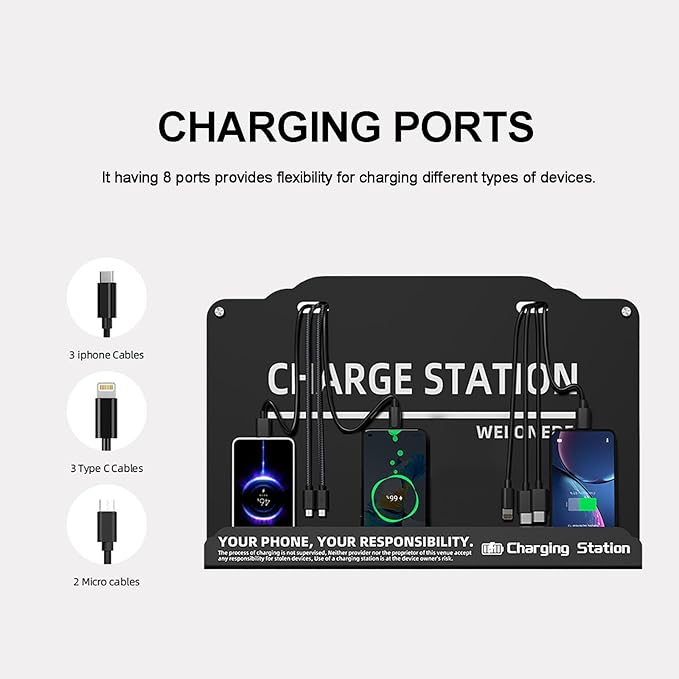 Wall Mounted Cell Phone Charging Station Mobile Phone Charging Station | Fast Charging 8 Device | Compatible with iphone ipad Smartphone Tablets Port | Great for Offices Hotel Hospital Airport (Black)