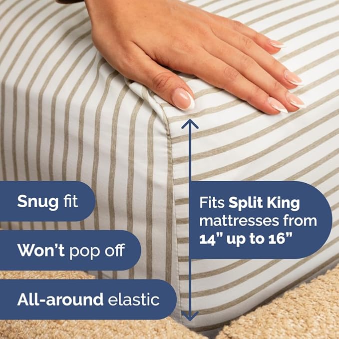 Split Head King Sheet Set – 4 Piece Flex Split Top King Sheets for Adjustable Beds - Fits 14” to 16" Mattress w/ Deep Pockets - Breathable & Cooling - Luxury Bedding and Wrinkle Free - Beige Stripes 2