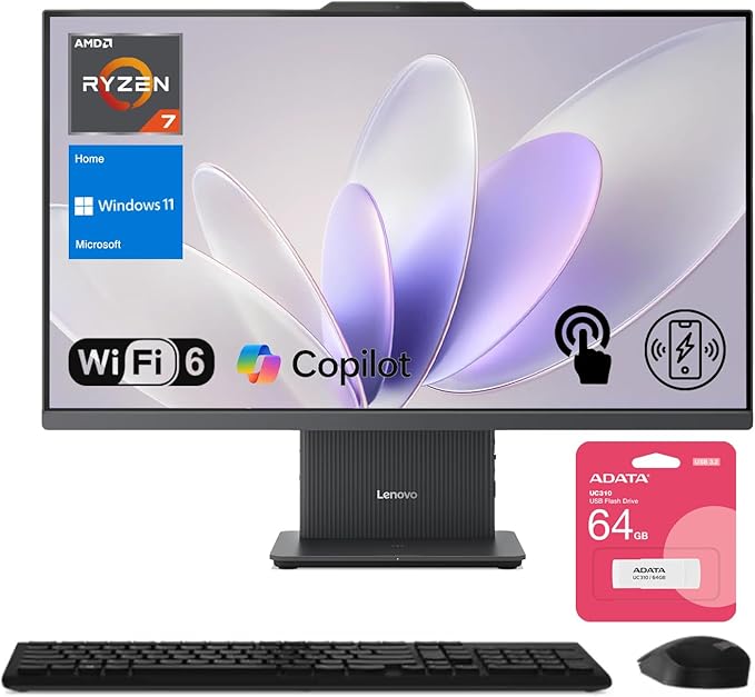 Lenovo IdeaCentre Business All-in-One PC, 27" FHD 100Hz Display, AMD Ryzen 7 8845HS, 64GB DDR5 RAM, 2TB SSD, Wi-Fi 6, Win11 Home, Wireless KB & M, Copilot-Ready, Bundle with Adata UC310 64GB