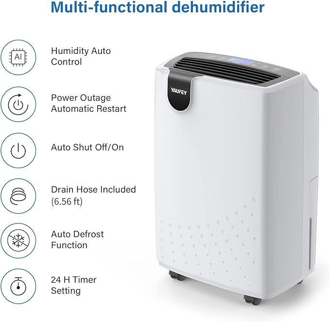 Yaufey 2500 Sq. Ft Dehumidifier for Home and Basements with Auto or Manual Drainage, 0.48 Gallon Water Tank Capacity -Low Noise and 24 Hr Timer