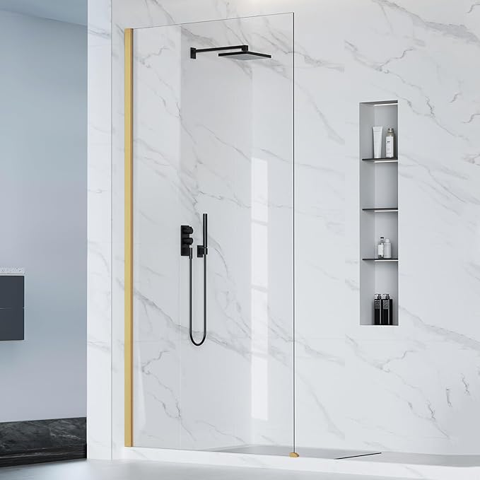 Bathbliss 36" W x 76" H Frameless Shower Glass Panel, 8mm Clear Tempered Glass, Fixed Walk-In Shower Screen, Brushed Gold Finish, Reversible Installation