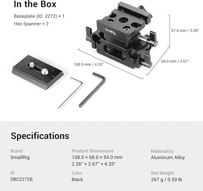 SMALLRIG Universal 15mm Rail Support System with 15mm Rod Clamp and Quick Release Plate - 2272
