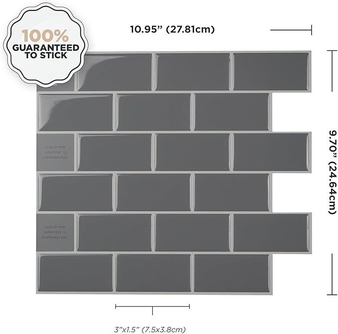 SMART TILES Peel and Stick Backsplash - 10 Sheets of 10.95" x 9.70" - 3D Adhesive Peel and Stick Tile Backsplash for Kitchen, Bathroom, Wall Tile, Subway Grigio