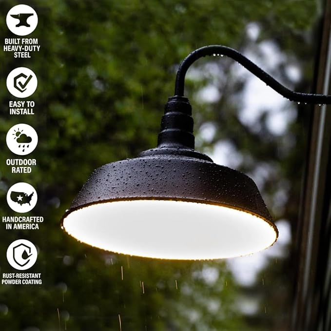 Steel Lighting Co. Large Outdoor Barn Light | Gooseneck Light Fixture | Made in America from 18-Gauge Steel | 20" Dome | Upward Sloping Gooseneck Hunter Green Exterior/Brass Interior