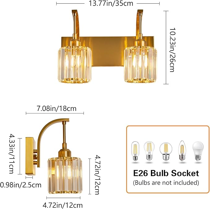 FDPBY Bathroom Crystal Vanity Lights 2-Light Gold Wall Lamp Modern Crystal Bathroom Light Fixtures Over Mirror 13.77" Long Wall Sconce