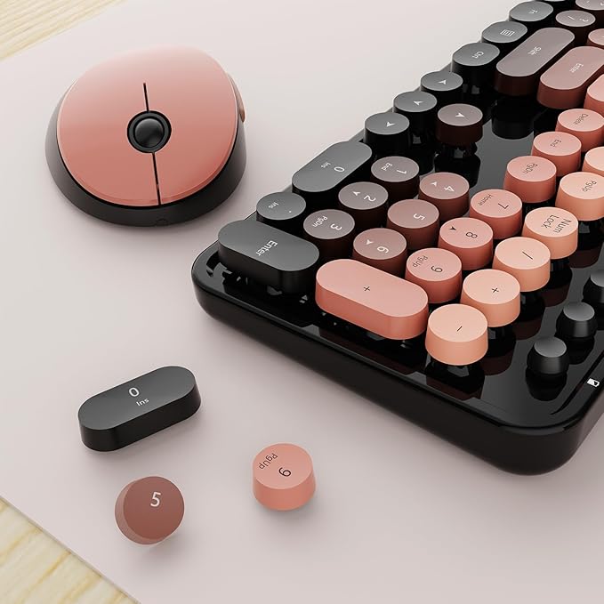 Nowlike Wireless Keyboard and Mouse Combo, Retro Typewriter Keyboard with Round Keycaps, Full-Size Ergonomic, Aurora Red, Ideal for Windows PC, Home, Office, and College
