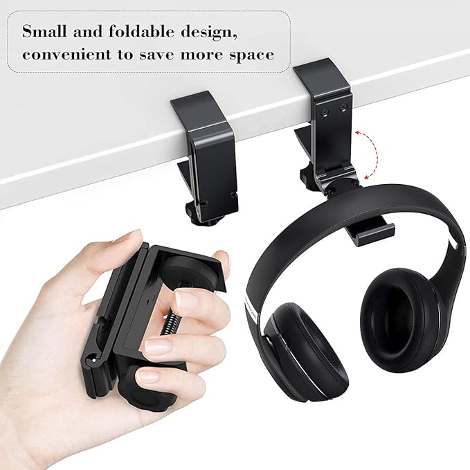 NCHONHONG Headphone Holder Under Desk Hook with Cable Organizer, Foldable Aluminum Headset Mount, Space-Saving Hanger for Most Headphones