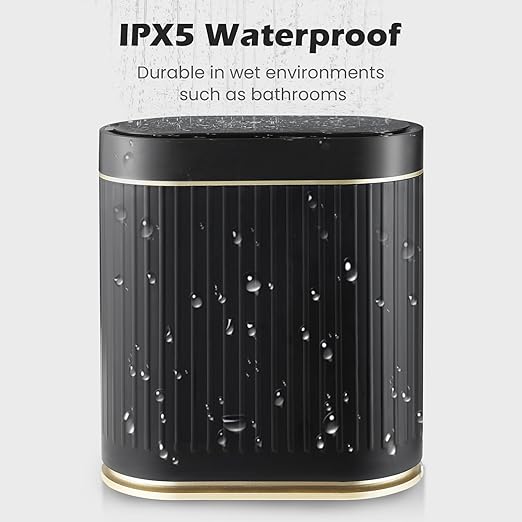 Bathroom Sensor Trash Can with Lid Automatic 2 Gallon Small Sensor Garbage Bin, 7.5 Liter Motion Sensor Smart Rubbish Bin Bathroom Decor, Slim Waterproof Plastic Garbage Can, Black Gold