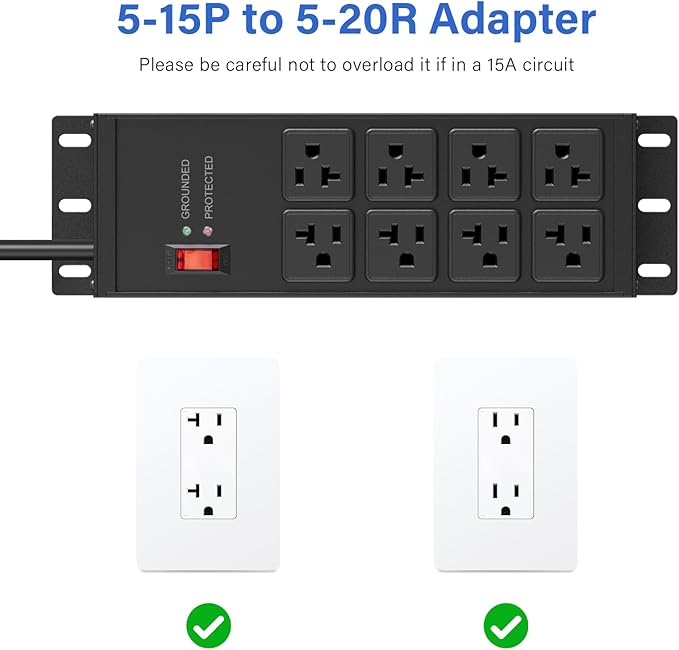 CCCEI Magnetic Heavy Duty Power Strip Surge Protector 20Amp, 12 Gauge High Amp Extension Outlets, Garage Wall Mount 8 Plug Metal Power Strip. 6FT, Black, 5-15P Adapter 6-20R T-Slot 20a for Appliance
