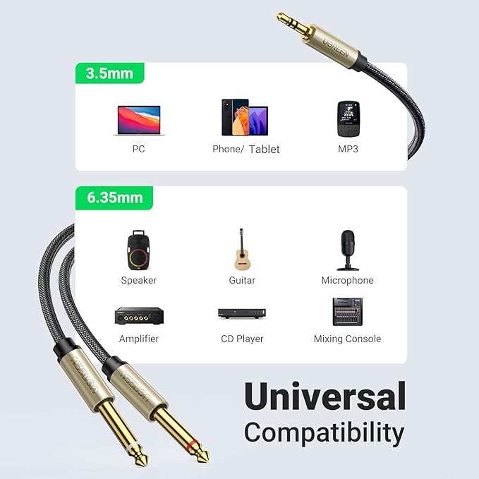 UGREEN 1/8 to 1/4 Stereo Cable 3.5mm TRS to Dual 6.35mm 1/4 TS Mono Y Splitter Audio Cord Adapter Compatible with iPhone, PC, Computer Sound Card, Mixer, Multimedia Speaker, Home Stereo System 3.3FT