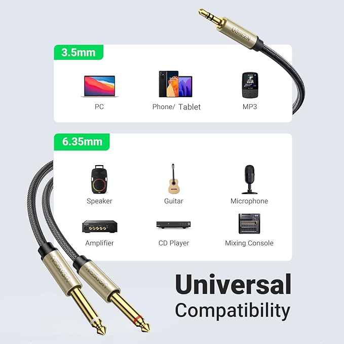 UGREEN 1/8 to 1/4 Stereo Cable 3.5mm TRS to Dual 6.35mm 1/4 TS Mono Y Splitter Audio Cord Adapter Compatible with iPhone, PC, Computer Sound Card, Mixer, Multimedia Speaker, Home Stereo System 10FT