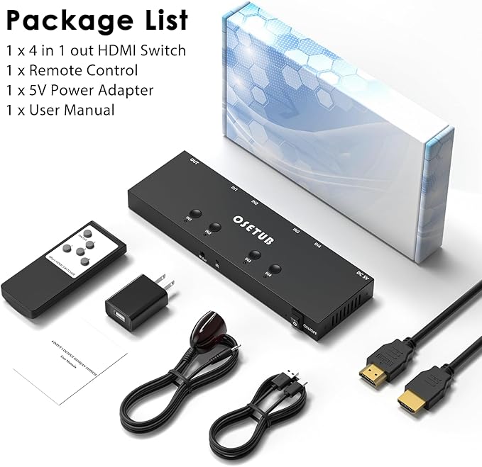 4K@60Hz 4 in 1 Out HDMI Switch, 4 Port HDMI Switcher Selector Support HDR10 & HDCP 2.2 & Full 3D with IR Remote Control Compitable with Nintendo Switch,Xbox PS5/4,Fire Stick,Roku,Apple TV for Gaming