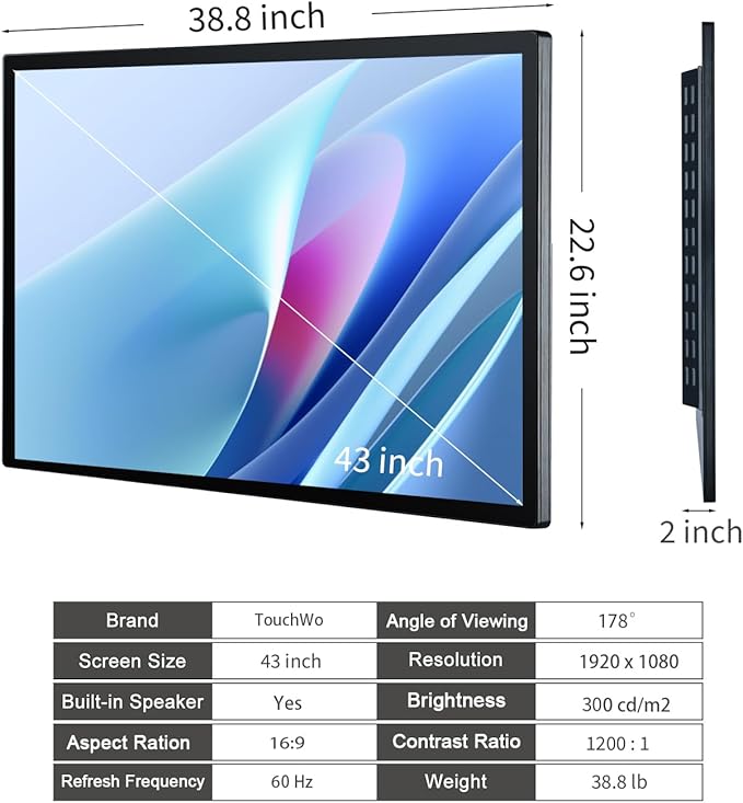TouchWo 43 inch Interactive Touchscreen Monitor, Smart Board with 16:9 Display 1080P, Win-11 Electronic Whiteboard Touchscreen PC for Office and Classroom, Core i7 RAM 8G & ROM 512G
