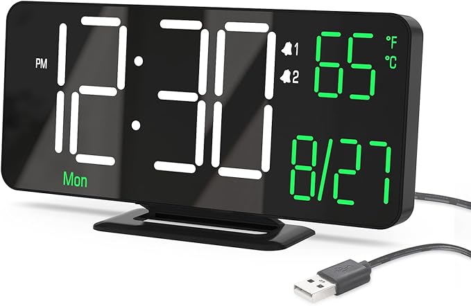 KOSUMOSU Digital Clock for Bedroom, 6.7in Black Alarm Clocks for Bedrooms,Auto Dimming, Date, Day of Week, Indoor Temperature,Digital Alarm Clock,Clocks for Living Room