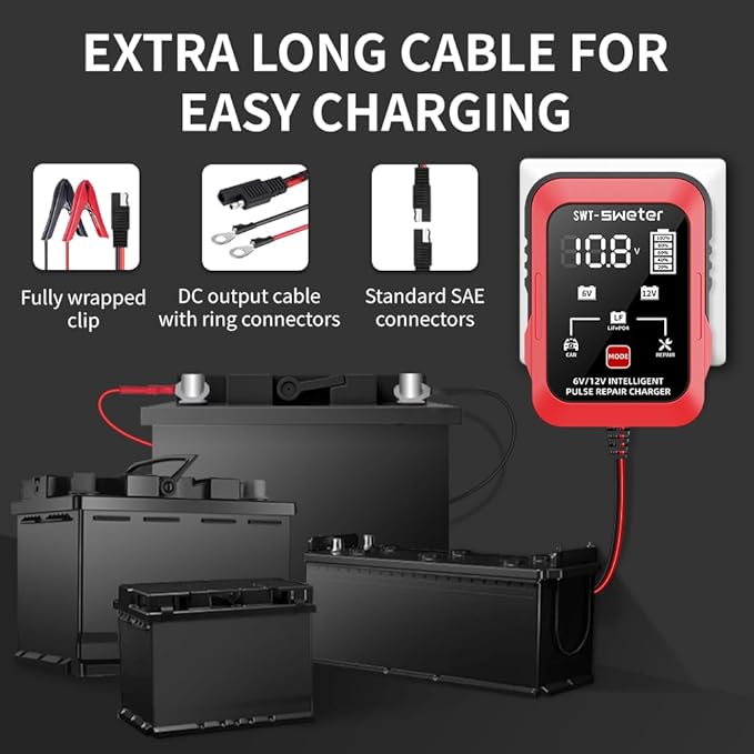 1.5A 6V/12V Smart Battery Charger – Automatic Maintainer, Trickle Charger & Desulfator with Overcharge Protection & Temperature Compensation – for Lead-Acid Batteries