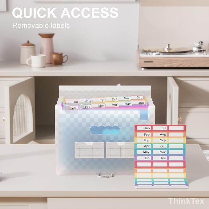 ThinkTex Accordion File Organizer, 12 - Pocket Expanding File Folders for Paper Receipts, Bills & Taxes Organizer, Letter/A4 Size Document Holder for School, Office, Home with Colorful tabs- Blue