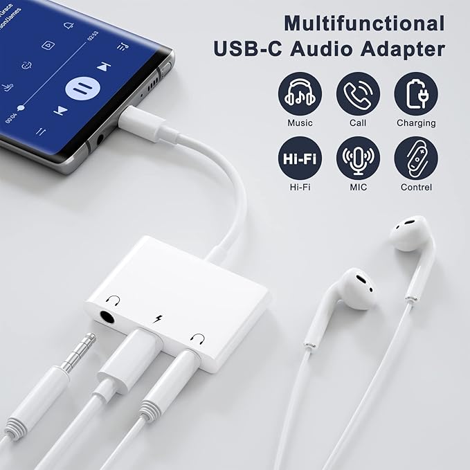 INVERSE NET Headphone Adapter for iPad, Headphone Splitter for 2 Headphones,3 in 1 USB C to 3.5mm Jack Audio Adapter with 60W Fast Charging Compatible with S24/23 Ultra.