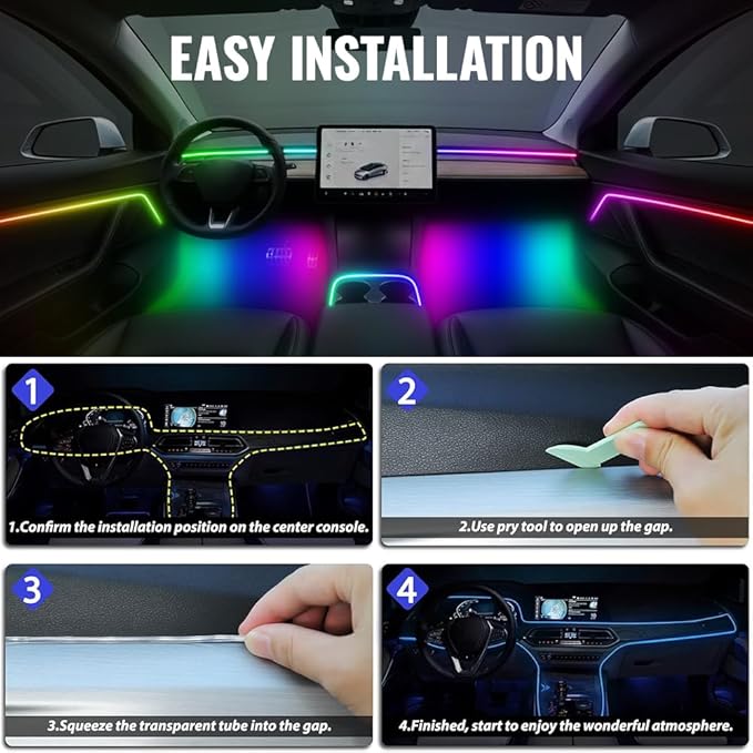 Ambient Lighting Car Led Lights Interior,43.3’’ USB Powered Acrylic Neon Flexible Strip Fiber Optic LED Ambient Lighting Kits with Remote APP, RGB Music Lights Sync for Inside car Decorations