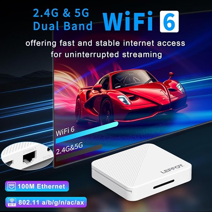 Android 14.0 TV Box 2025, LEFFOT H313 4K Ultra HD Streaming Device for TV with BT 5.4, 2GB RAM + 16GB ROM, Smart TV Box with Voice Remote, USB 3.0, HDR 10, 2.4G & 5G WiFi 6