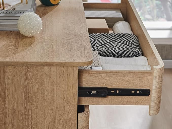 JXQTLINGMU 5 Drawer Dresser for Bedroom, 42" Tall Modern Wood Dressers, Push-to-Open Chest of Drawers for Closet Organizers & Storage, Curved Profile Design,Natural Oak