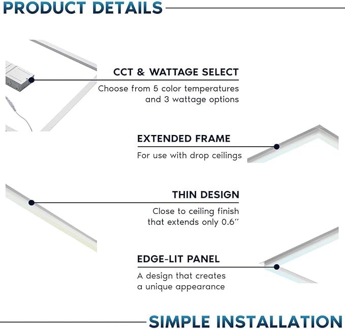 2x2 FT Edge-Lit Frame LED Panel Lights,5CCT Selectable 3000K-6500K, 2600/3900/5200LM,20W/30W/40W Switch Grid Drop Ceiling Lights,0-10V Dimmable,Damp Rated,100-277V,ETL Listed (2 x 4-6 Pack)