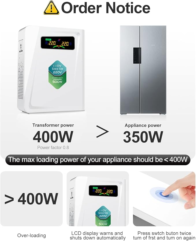Voltage Converter 110 to 220 Step Up Transformer 500W, No Noise, Ten Protection Functions, CE & CQC Certified ，Using 220V Asia Euro Appliance in US