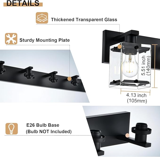 WINSHEN 3-Light Black Bathroom Light Fixture Over Mirror, Vanity Wall Lighting with Rectangular Clear Glass, E26 Bulb Base
