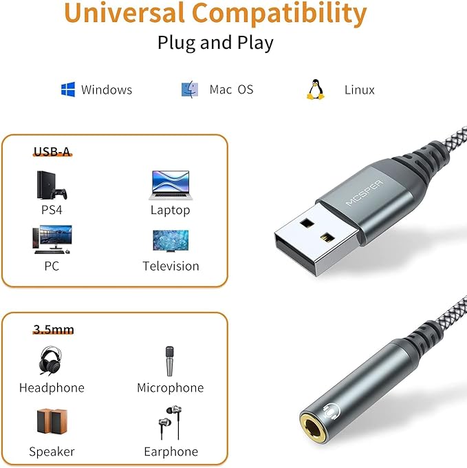 MCSPER 2-Pack USB to 3.5mm Jack Audio Adapter,External Sound Card USB-A to Audio Jack Adapter with Aux Stereo Converter Compatible with Headset, Desktops, PC Windows,Laptop Mac,Linux,and More Device