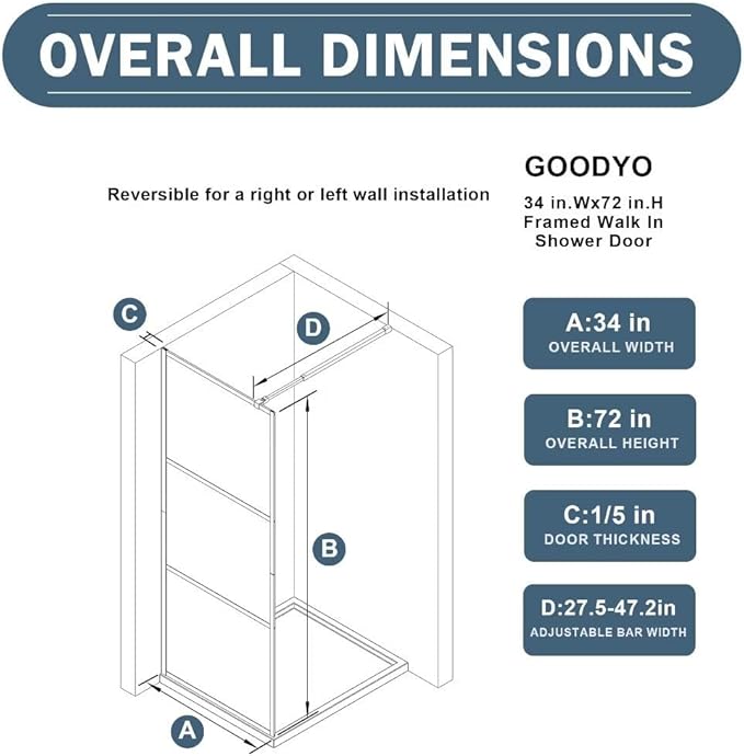 Goodyo Shower Door 34“ X 72” Fixed Frost Tempered Glass Shower Screen Panel for Walk-in Bathroom, Black Framed 3 Pieces Glass Door