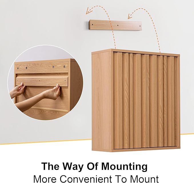 Fluted Wall Cabinet for Bathroom, Modern Wood Hanging Storage Organizer with Push-to-Open Doors, Sturdy 15mm Thick Board, Adjustable Shelves, Over Toilet Medicine Cabinet, Natural Oak Finish