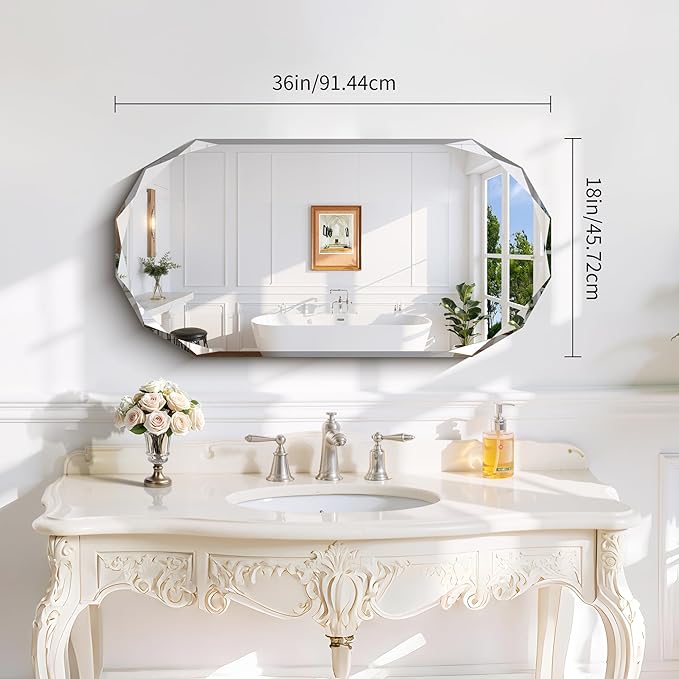 GLASHOM Beveled Edge Frameless Bathroom Mirror, Oval Wall Mirror for Over Sink, 18" x 36" Modern Decorative Vanity Mirror for Bedroom, Living Room, Entryway, Hanging Mirror Horizontal or Vertical