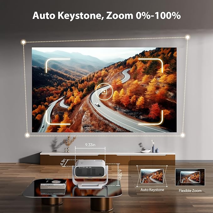 Wielio Smart Projector with WiFi 6 and Bluetooth - 4K Support 350Ansi Portable Bedroom Mini Projector Native 1080P , 2026 New Auto Keystone & Zoom Home Theater Cinema Movie Proyector, 120° Stand