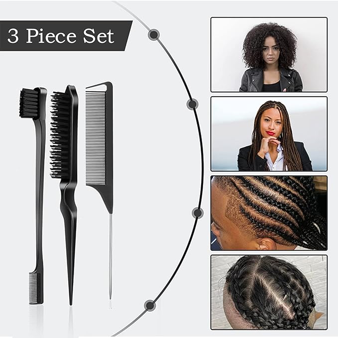 SWEET VIEW 3 Pcs Slick Back Hair Brush, Rat Tail Comb, Edge | Bristle Brush, Hair Accessories for Girls, Kids, Toddlers Sleek Ponytail/Bun, Edge Control and Smoothing Baby Hair & Flyaways