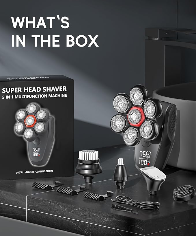 MALEGEBAZ Head Shaver for Bald Men：IPX8 Waterproof 7D Magnetic Electric Head Shaver with LED Display, USB-C Fast Charge, Travel Lock & 5 Attachments, Valentines Day Gifts for him,Black