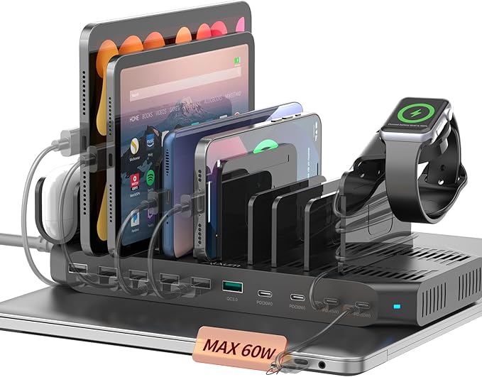 Alxum 140W USB C Charging Station -10 Port Fast Charging Station with QC 3.0 & 4 * USB C PD 60W+45W+30W, Multi Device Charger Organizer Compatible with Laptop, iPad, Tablet, Cell Phone and More