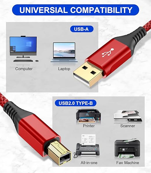 sweguard Printer Cable 10ft, USB 2.0 Type A Male to B Male Printer Scanner Cord High Speed Compatible with HP, Canon, Dell, Epson, Lexmark, Xerox, Samsung and More -Red