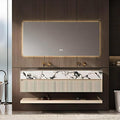 Fashionable Bathroom Vanity with Sink, Smart One-Click Defogging & LED Light, Bathroom Sink and Cabinet with Wave Striped Panel, Rockslab Countertop (Mirror, 68IN)