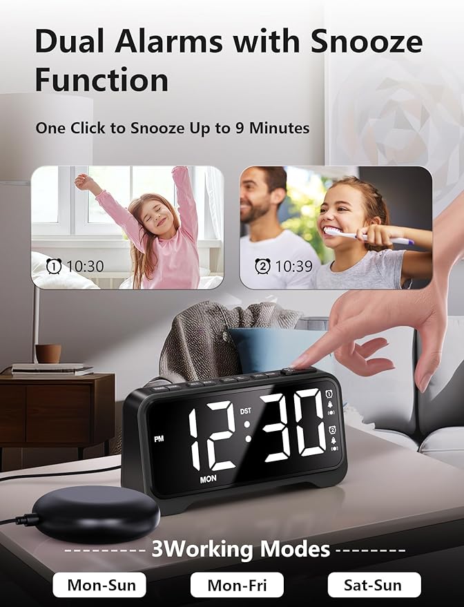 Vibrating Alarm Clock for Heavy Sleepers with Bed Shaker, Extra Loud Buzzer, Dual Alarms, Adjustable Night Light, USB Charging, Battery Backup, for Seniors, Teens, Hearing Impaired