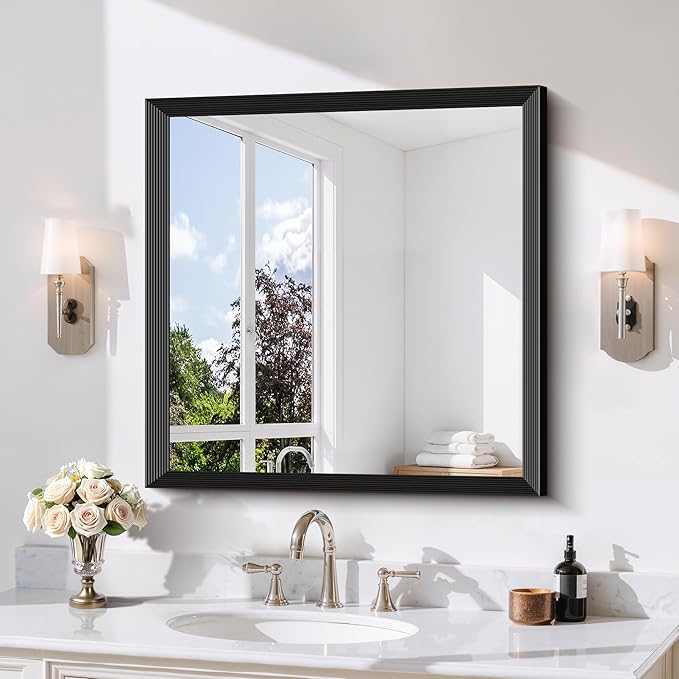 Black Bathroom Mirror 30 x 30 Inch Rectangle Wave Beveled for Wall Bathroom Vanity Mirror for Over Sink, Tempered Glass,for Entryway Hangs, Bathroom Living Room Horizontal or Vertical