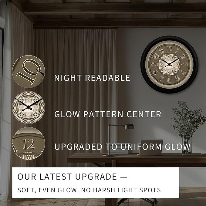 FOUNTAIN DESIGNS Galaxy 18 Inch Luminous Atomic Wall Clock with Night Light, Illuminated Wall Clock with Smart Sensor to Turn on/Off LED Light, Oil Rubbed Bronze Finish, Unique