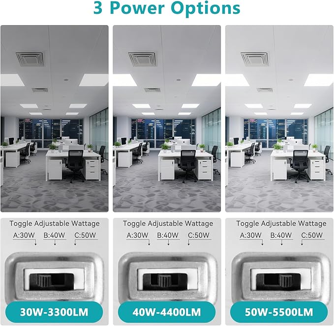 VocgoUU 2x2 LED Flat Panel Light for Drop Ceiling, 5500LM, 0-10V Dimmable, 30W/40W/50W Selectable, 4CCT 3000K/4000K/5000K/6000K, ETL Listed, 100-277V, 8 Pack