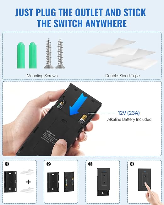 Black Remote Control Outlet Plug, WILAWELS Wireless Light Switch, On Off Remote Switch Outlet for Lights, Lamps, Home Appliance, 100ft RF Range, No Wiring, FCC Listed H05RC1106