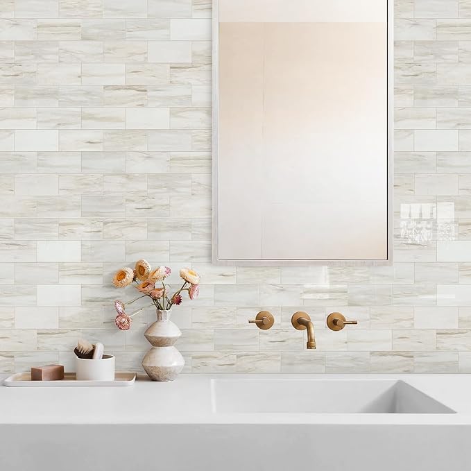 Vamos Tile 4-Piece Glossy Wooden Marble Grain Peel and Stick Backsplash Tile,3''x6'' PVC Subway Tile with White Grout, Stick on Backsplash for Kitchen/Bathroom/Fireplace