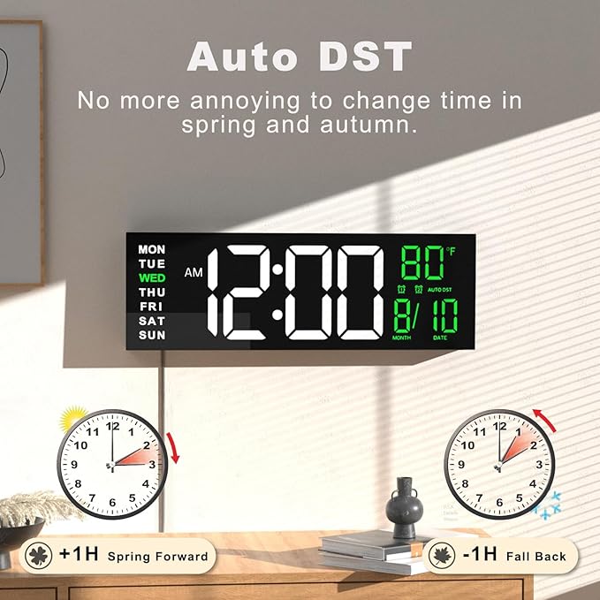 JALL 16" Large Digital Wall Mount Clock, Count Down Timer, Alarm, Big LED, RGB Color, DST, Temperature for Living Room Classroom Desk, Xmas, Birthday Gift for Senior Mom Dad (White Green, 16 inches)