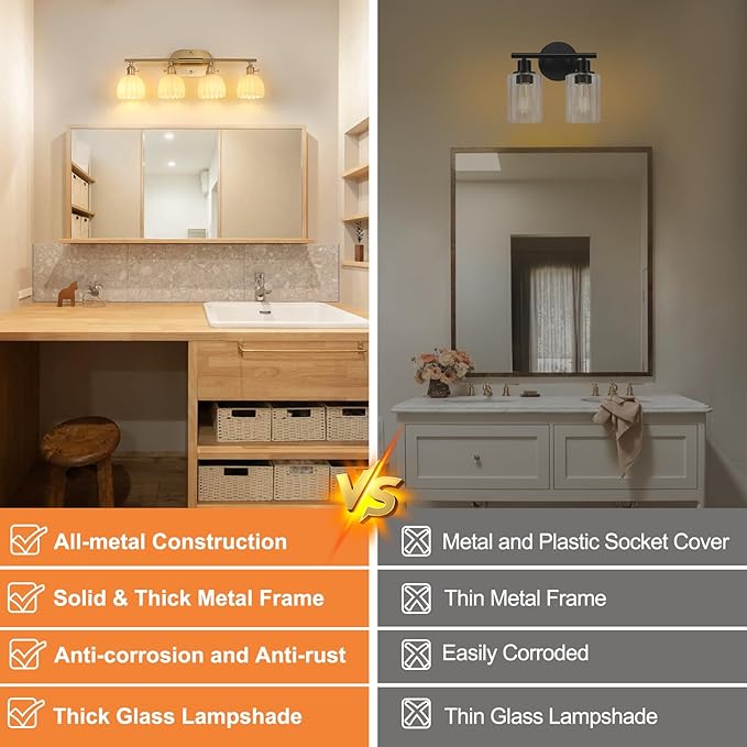 Shenmoyl Bathroom Light Fixtures, 4-Light Brass Vanity Wall Light Over Mirror with White Tulip Glass Shade for Bedroom Living Room (Bulb Not Included)